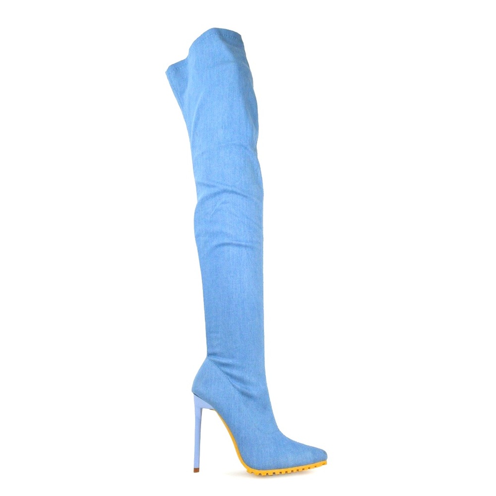 Thigh High Denim over the knee boots. Almond toe, stiletto heel & rubber sole.